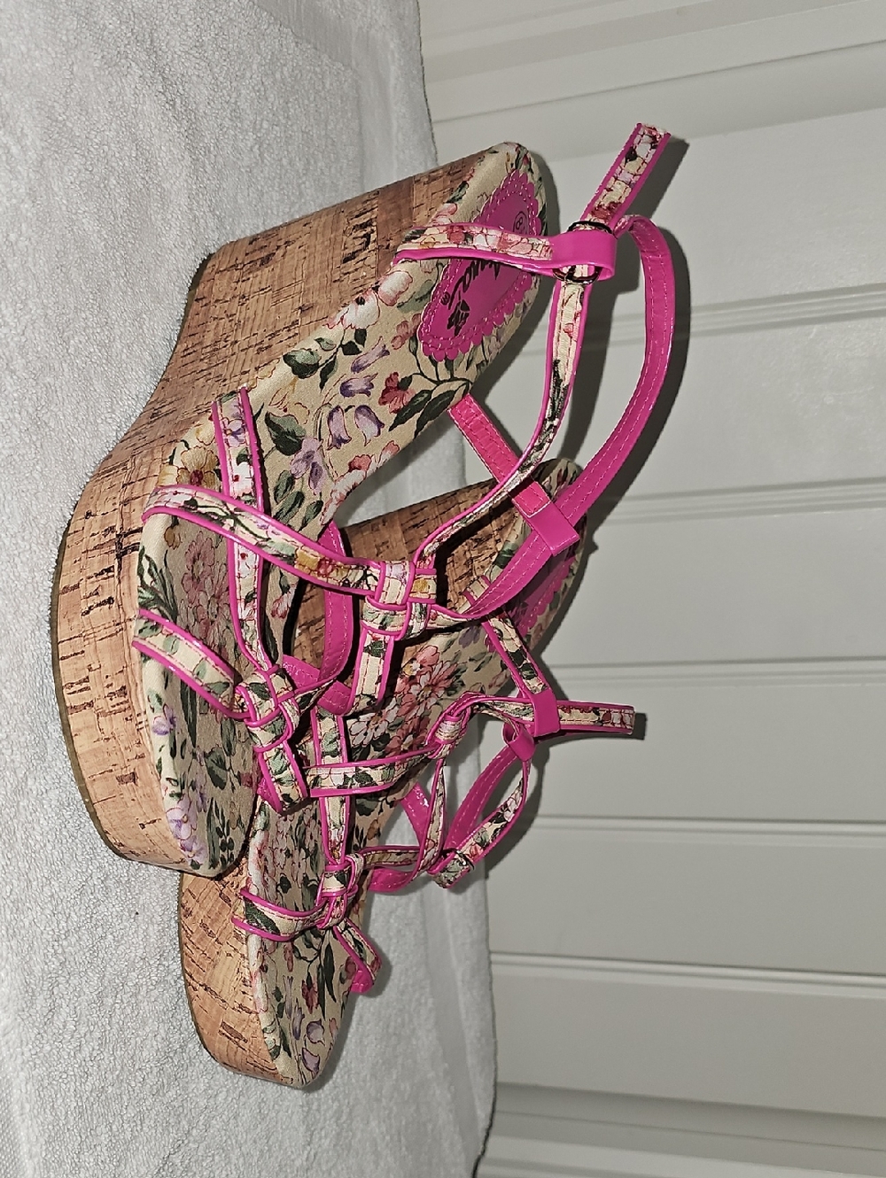Anna Pink Floral Cork Wedge Sandals